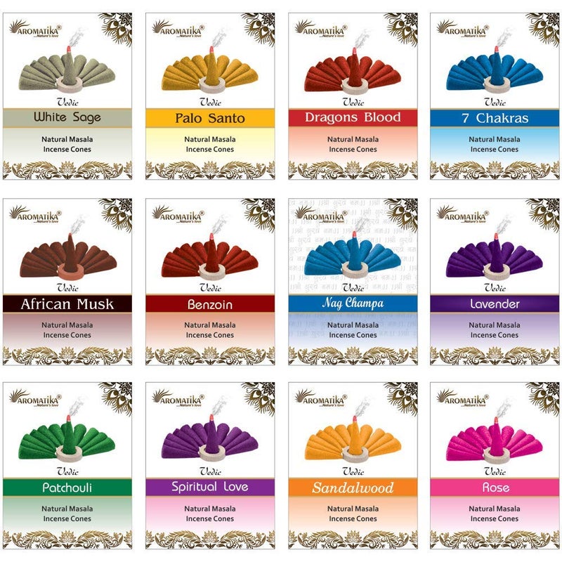 ARO VATIKA Vedic Natural Masala 120 Incense Cones in Pack of 12 Boxes |12 Assorted Fragrances Dhoop Cones | Best for Prayer, Reiki, Meditation and Relaxation | Burn time- 25 Mins (Assorted) - Image 1